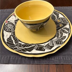 E. Lamb hand thrown porcelain white, black and yellow 12” platter and 5.5” bowl